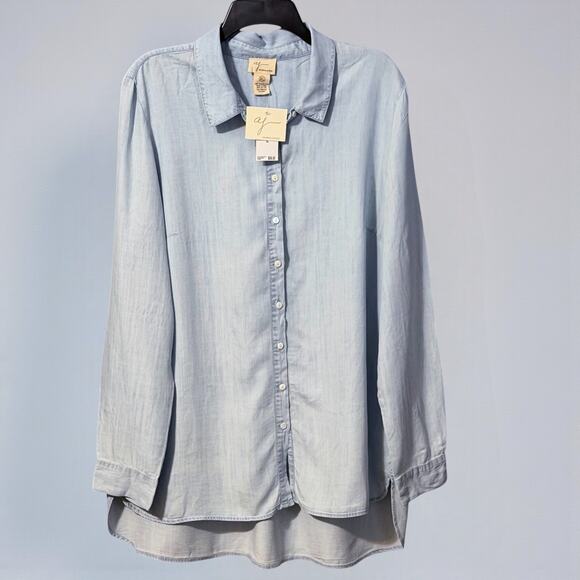Andrea Jovine XL Tencel Chambray Button Up Shirt Light Blue Denim High Low NWT - Picture 1 of 6